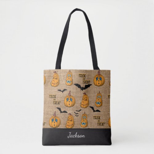 Ugly Scary Pumpkin Faces and Black Bats Textured Tote Bag