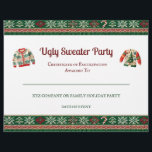 Ugly Sweater Award Party Certificate<br><div class="desc">Celebrate holiday hilarity with this Ugly Sweater Party Certificate! Perfect for winners or participants in your Christmas sweater contest. Features a festive design with knit patterns,  lights,  and room to personalize. Great for office or home holiday parties!</div>