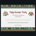 Ugly Sweater Award Party Certificate<br><div class="desc">Celebrate holiday hilarity with this Ugly Sweater Party Certificate! Perfect for winners or participants in your Christmas sweater contest. Features a festive design with knit patterns, lights, and room to personalize. Great for office or home holiday parties! Given to the Ugly Sweater Champion or other categories. Simply change the text...</div>