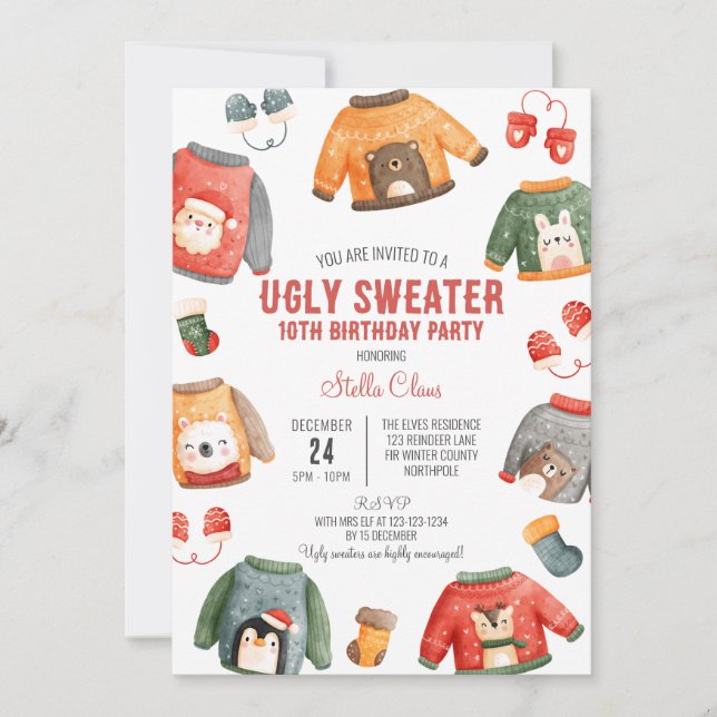 Ugly Sweater Birthday Party, Christmas Birthday Invitation (Front)