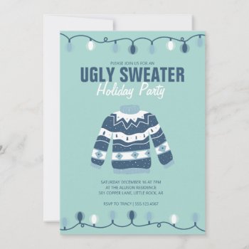 Ugly Sweater Blue Green Holiday Party Invitation by ModernMatrimony at Zazzle