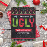 Ugly Sweater Chalkboard Christmas Holiday Party Invitation<br><div class="desc">Celebrate the holiday party season in “style” with your ugliest, tackiest Christmas sweater! Cute, whimsical trees, reindeer, ornaments, and playful “sweater” typography in red, green and aqua blue, overlay a chalkboard background. A white fair isle pattern of trees, reindeer, and ornaments, over a red background, adorns the back. Celebrate with...</div>