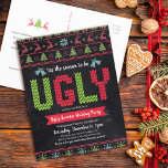 Ugly Sweater Chalkboard Christmas Holiday Party Invitation Postcard<br><div class="desc">Celebrate the holiday party season in “style” with your ugliest, tackiest Christmas sweater! Cute, whimsical trees, reindeer, ornaments, and playful “sweater” typography in red, green and aqua blue, overlay a chalkboard background. A tree and reindeer icon, along with your custom note, are on the back. Celebrate with family and friends...</div>