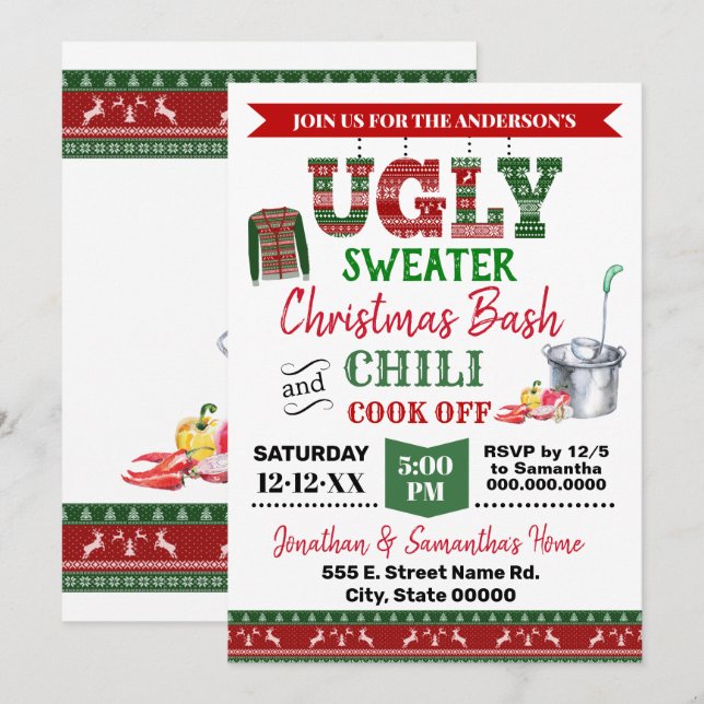 Ugly Sweater & Chili Cook Off Christmas Bash Invitation (Front/Back)