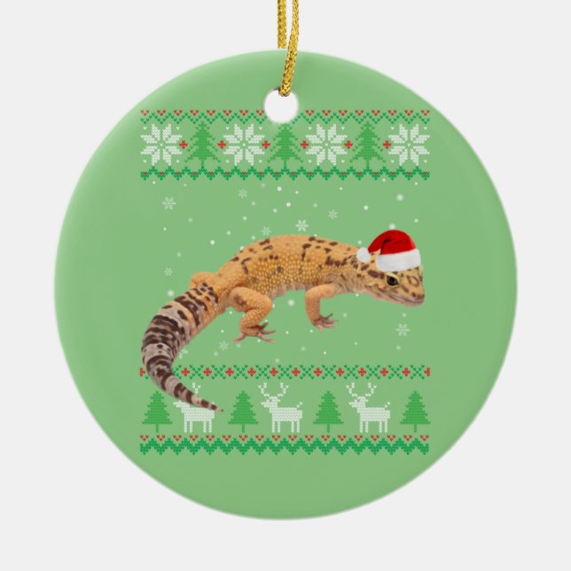 Ugly Sweater Christmas Animals Santa Leopard Gecko Ceramic Ornament (Front)