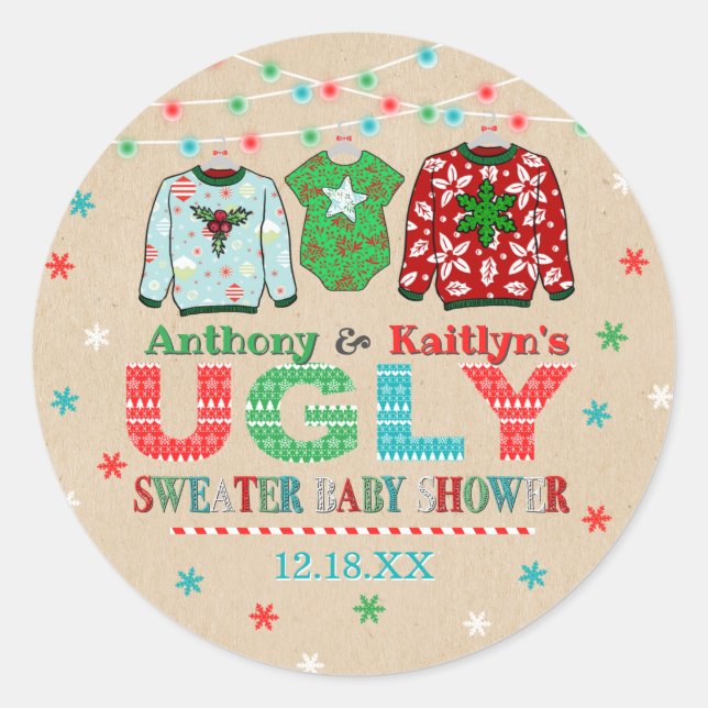 Ugly Sweater Christmas Baby Shower Classic Round Sticker (Front)
