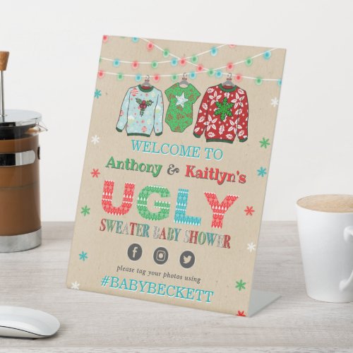 Ugly Sweater Christmas Baby Shower Welcome Pedestal Sign