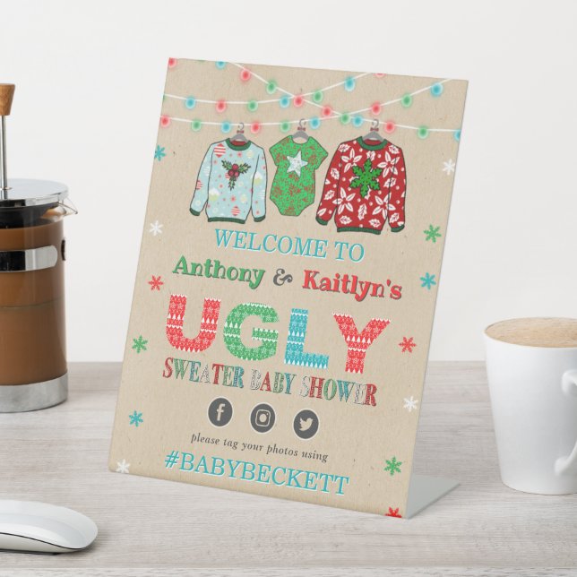 Ugly Sweater Christmas Baby Shower Welcome Pedestal Sign (In SItu)