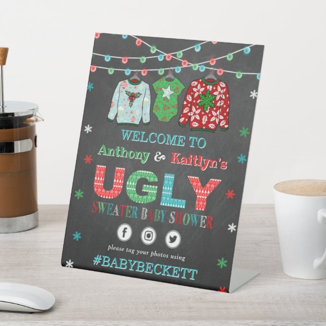 Ugly Sweater Christmas Baby Shower Welcome Pedestal Sign (In SItu)