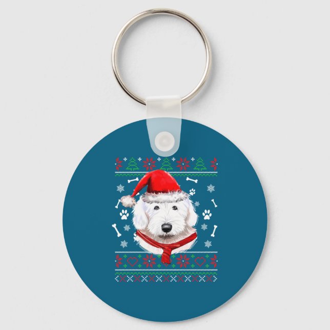 Ugly Sweater Christmas Bobtail Dog Santa Hat Pajam Keychain (Front)