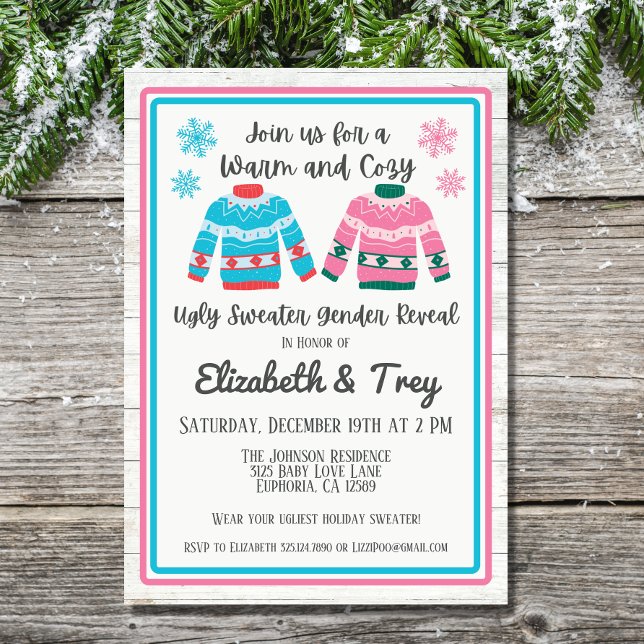 Ugly Sweater Christmas Gender Reveal Invitation (Have a fun and festive winter gender reveal with these ugly sweater invitations.)