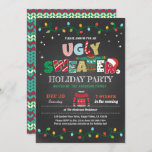 Ugly sweater Christmas holiday party chalkboard Invitation<br><div class="desc">[All text are editable, except "UGLY SWEATER"] Get this stylish design now! Occasion: Christmas party, holiday party, housewarming party, baby shower, birthday party, retirement., etc. Theme: Christmas, ugly sweater, pajama party Style: modern, chic, cheerful, fun Colors: red, green, grey, festive colors Graphics: chalkboard background, typography, string light, Christmas sweater, faux...</div>