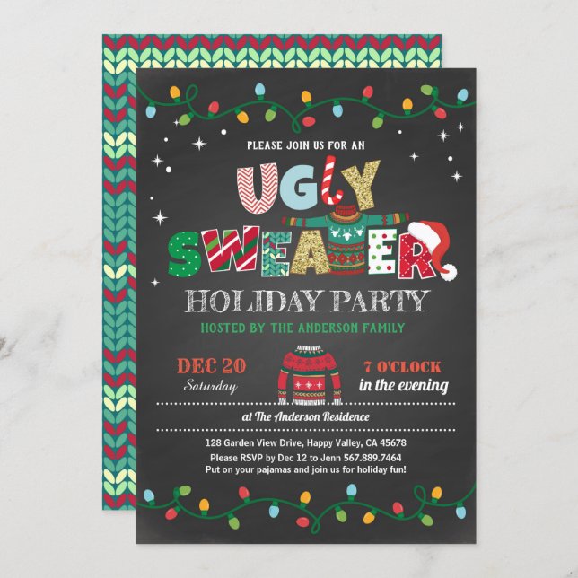 Ugly sweater Christmas holiday party chalkboard Invitation (Front/Back)