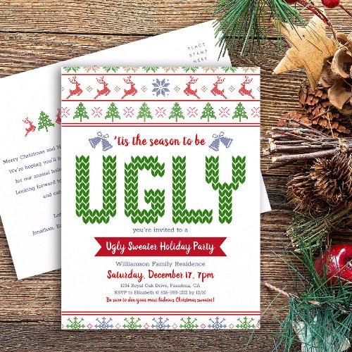 Ugly Sweater Christmas Holiday Party Fun Red Green Invitation Postcard