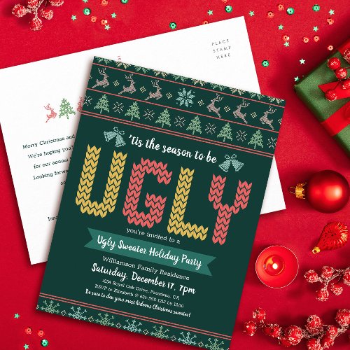 Ugly Sweater Christmas Holiday Party Hunter Green Invitation Postcard