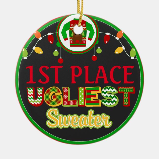 Ugly Sweater Christmas Holiday Winner Prize Ceramic Ornament (Front)