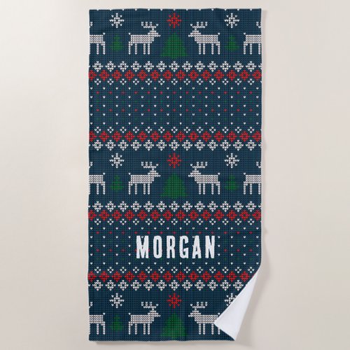 Ugly Sweater Christmas Knitted Pattern Custom Beach Towel