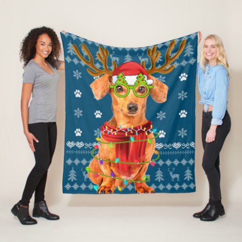 Ugly Sweater Christmas Lights Dachshund Dog Puppy Fleece Blanket
