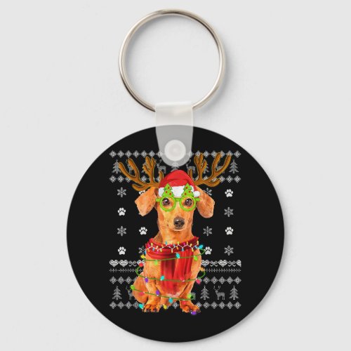 Ugly Sweater Christmas Lights Dachshund Dog Puppy  Keychain