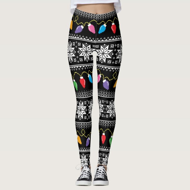 Ugly Sweater Christmas Lights Snowflakes Pattern Leggings (Front)