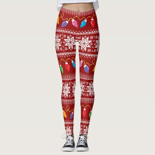 Ugly Sweater Christmas Lights Snowflakes Pattern Leggings