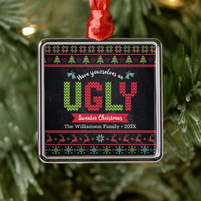 Ugly Sweater Christmas Nordic Knit Chalkboard Fun Metal Ornament (Tree)