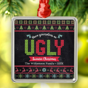 Ugly Sweater Christmas Nordic Knit Chalkboard Fun Metal Ornament