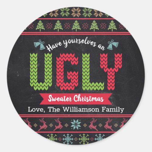 Ugly Sweater Christmas Nordic Knit Chalkboard Name Classic Round Sticker