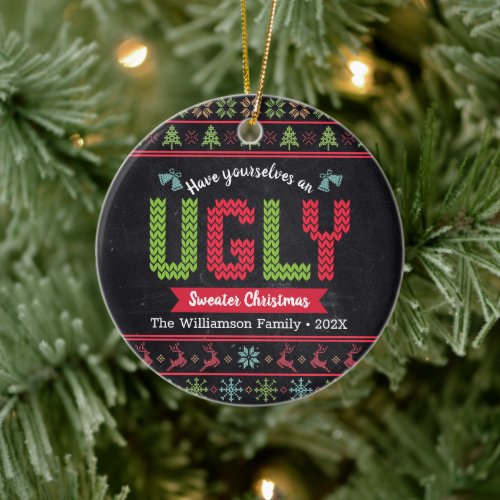 Ugly Sweater Christmas Nordic Knit Fun Chalkboard Ceramic Ornament