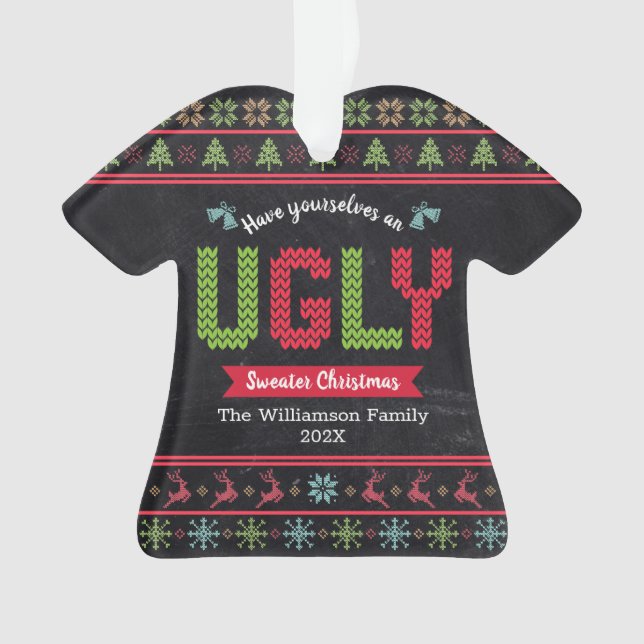 Ugly Sweater Christmas Nordic Knit Name Chalkboard Ornament (Front)