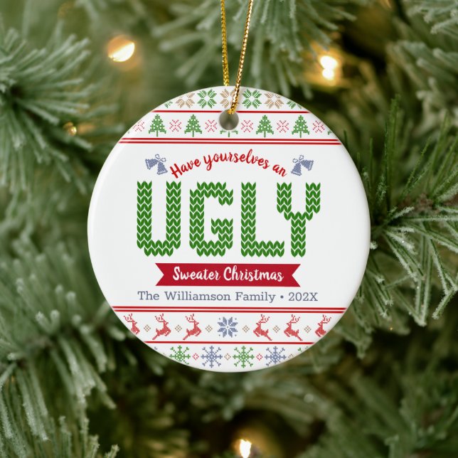 Ugly Sweater Christmas Nordic Red Tacky Green Knit Ceramic Ornament (Tree)