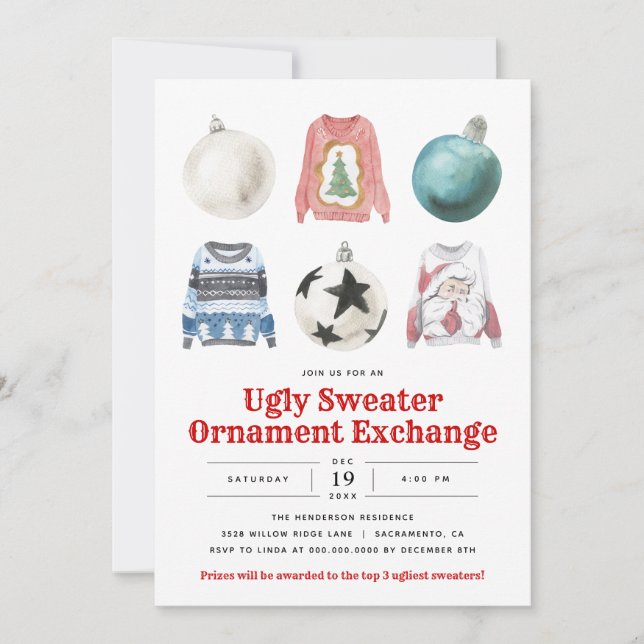 Ugly Sweater Christmas Ornament Exchange Party Invitation (Front)