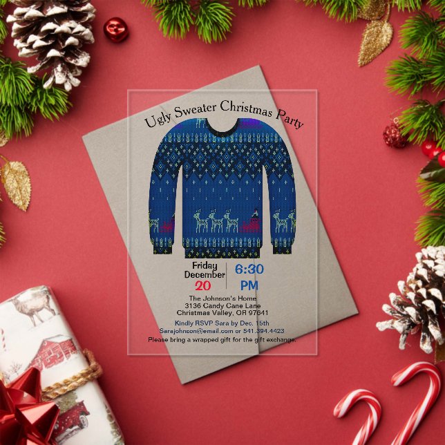 Ugly Sweater Christmas Party, Blue with Deer Acrylic Invitations (Insitu (Holiday))