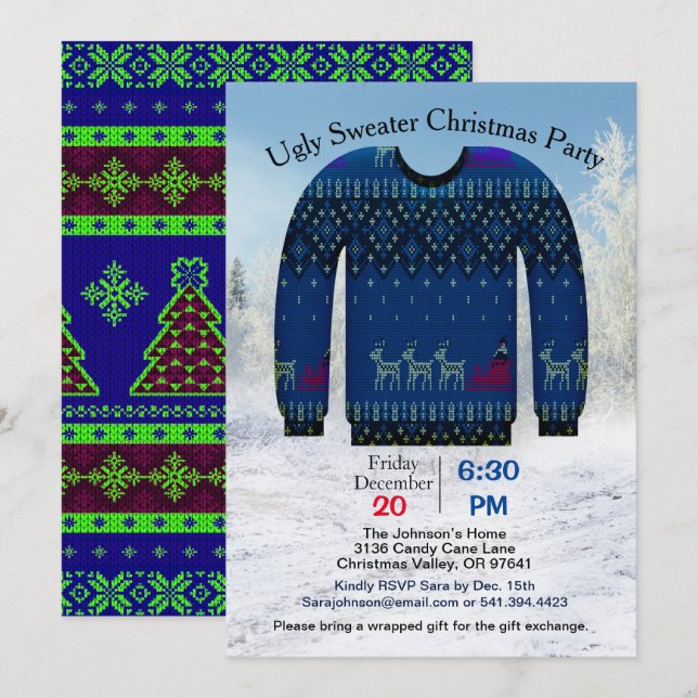 Ugly Sweater Christmas Party, Blue with Deer Invitation (Front/Back)