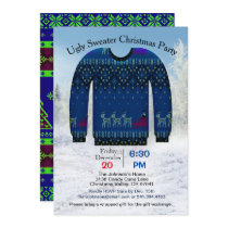 Ugly Sweater Christmas Party, Blue with Deer Invitation