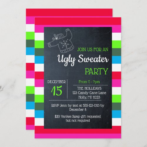 Ugly Sweater Christmas Party Bright Stripe Invitation