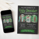 Ugly Sweater Christmas Party Chalk Invitation<br><div class="desc">Ugly sweater Christmas party invitation with three funny ugly sweaters on a chalkboard and snowflake background. You can easily customize these fun ugly sweater Christmas party invitations for your event by simply adding your details.</div>