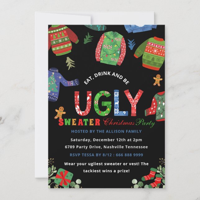 Ugly Sweater Christmas Party Chalkboard  Invitation (Front)