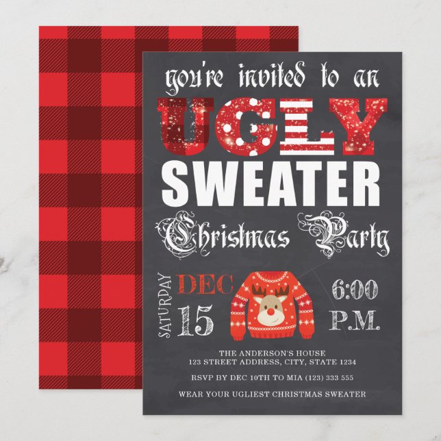 Ugly Sweater Christmas Party Chalkboard Red Invitation (Front/Back)