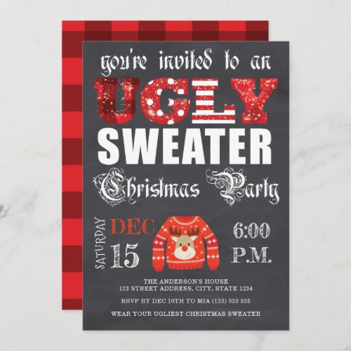 Ugly Sweater Christmas Party Chalkboard Red Invitation