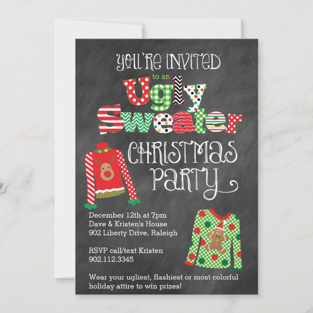 Ugly Sweater Christmas Party Chalkboard Style Invitation (Front)