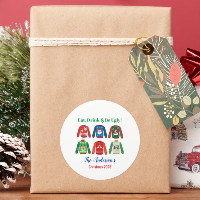 Ugly Sweater Christmas Party Classic Round Sticker (Holiday)