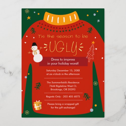 Ugly Sweater Christmas Party Gold Foil Holiday Postcard