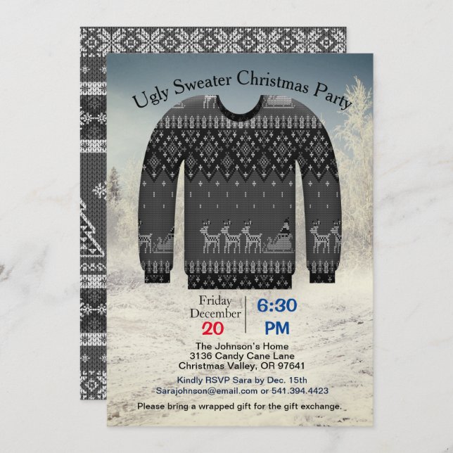 Ugly Sweater Christmas Party, Gray with Deer Invitation (Front/Back)