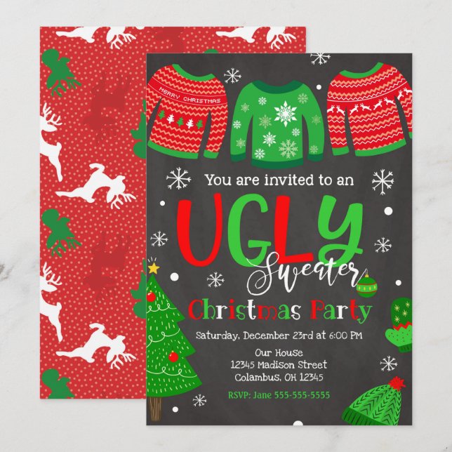Ugly Sweater Christmas Party Invitation Chalkboard (Front/Back)