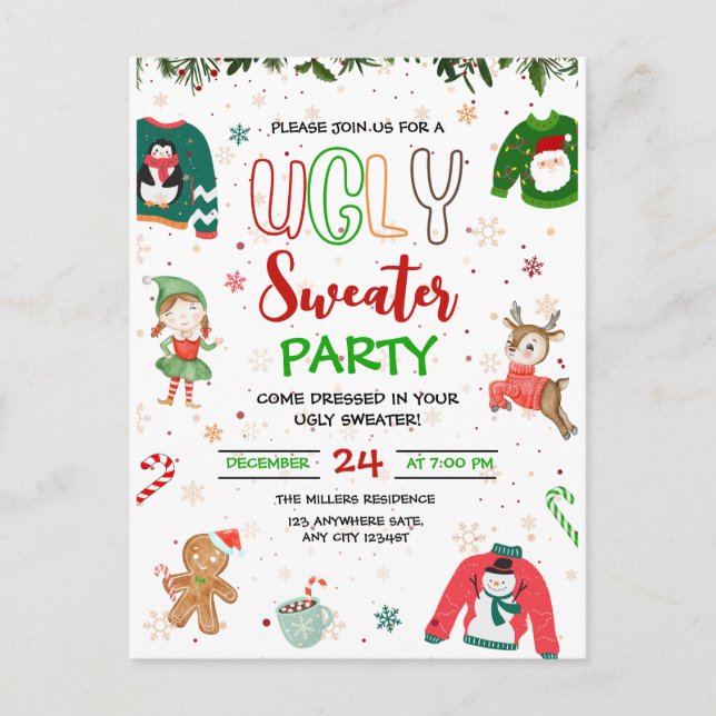 Ugly Sweater Christmas Party Invitation, Chrismas  Postcard (Front)