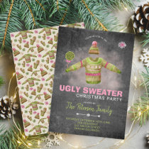 Ugly Sweater Christmas Party Pink Black Chalkboard Invitation