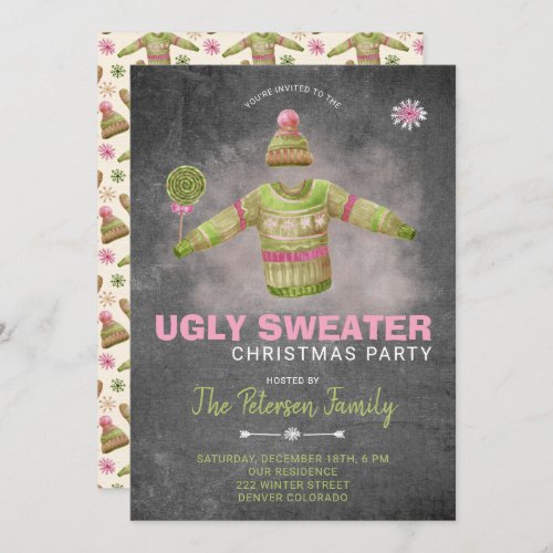 Ugly Sweater Christmas Party Pink Black Chalkboard Invitation