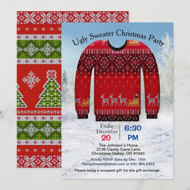 Ugly Sweater Christmas Party, Red with Deer Invitation (Front/Back)