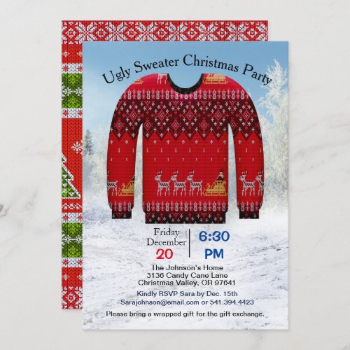 Ugly Sweater Christmas Party Red with Deer ZPR Invitation
